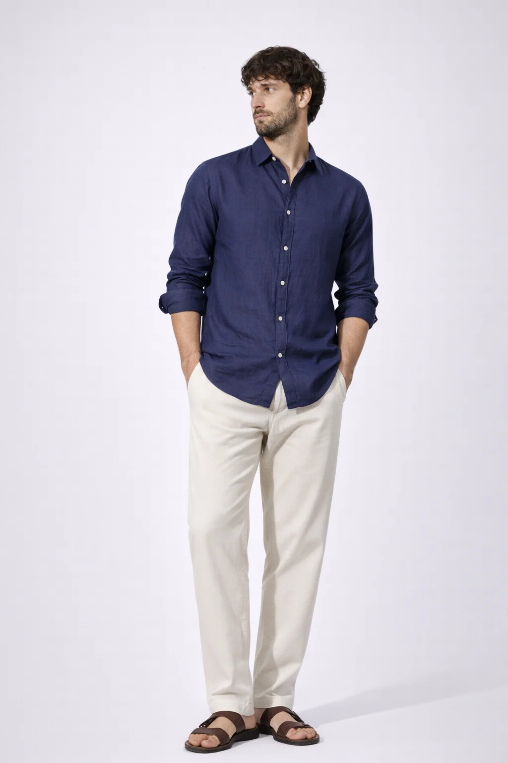Navy Blue 100% Linen Relaxed Fit Shirt - Image 3