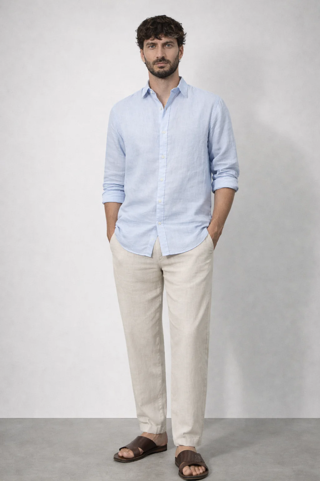 100% Linen Sky Blue Relaxed Fit Shirt - Image 3