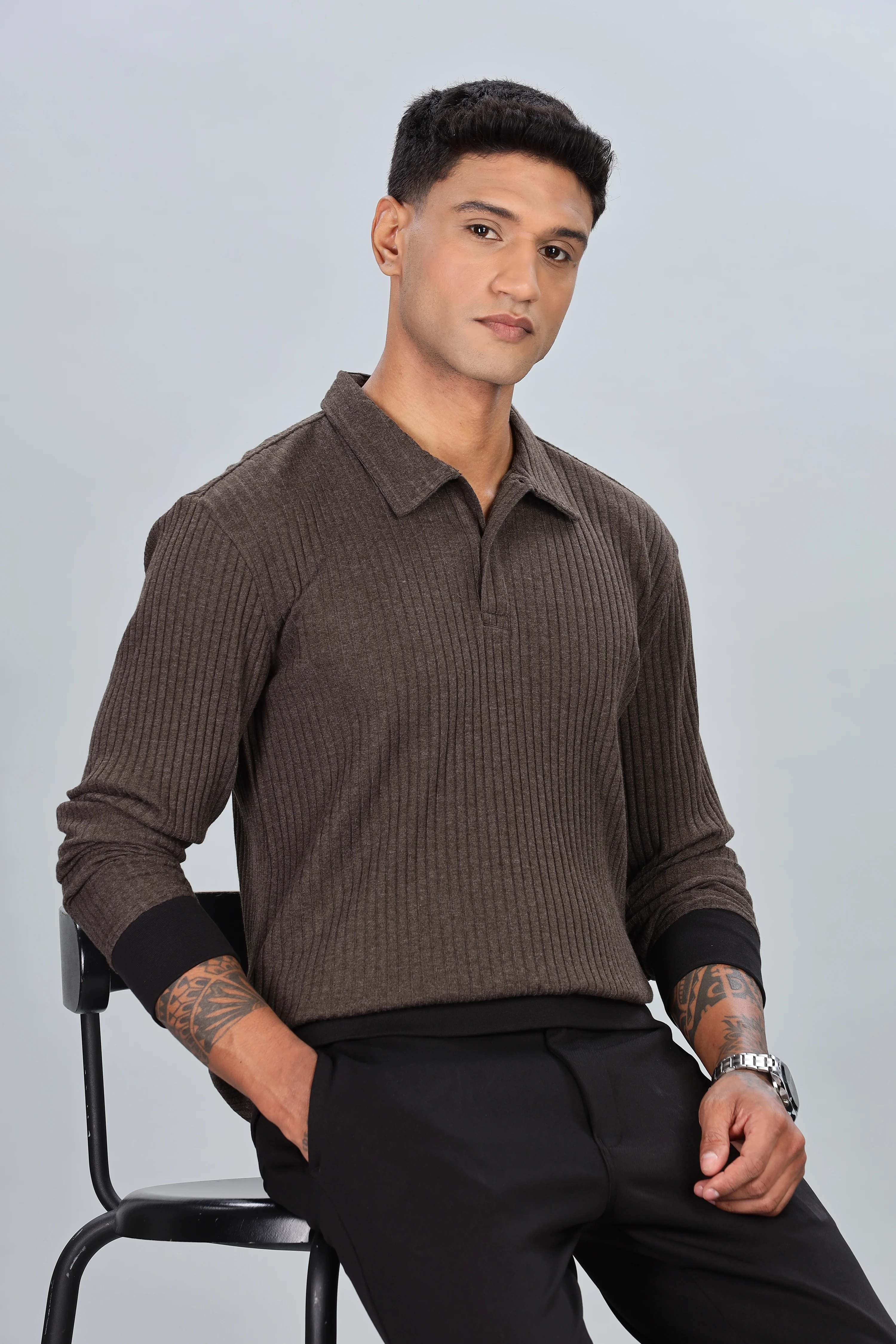 Brown Rib Knit Polo - Image 3