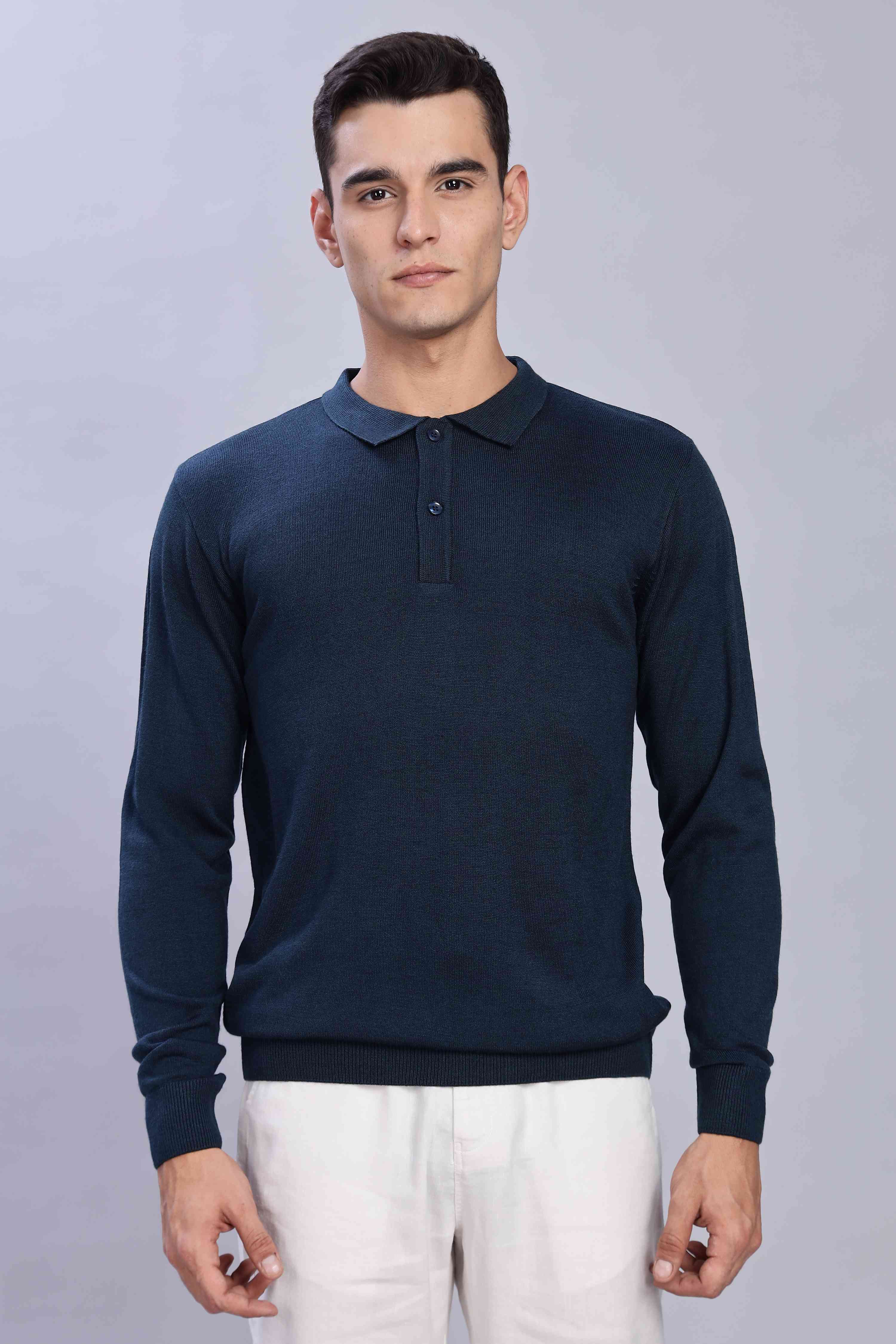 Denim Micro-structured knitted polo - Image 3
