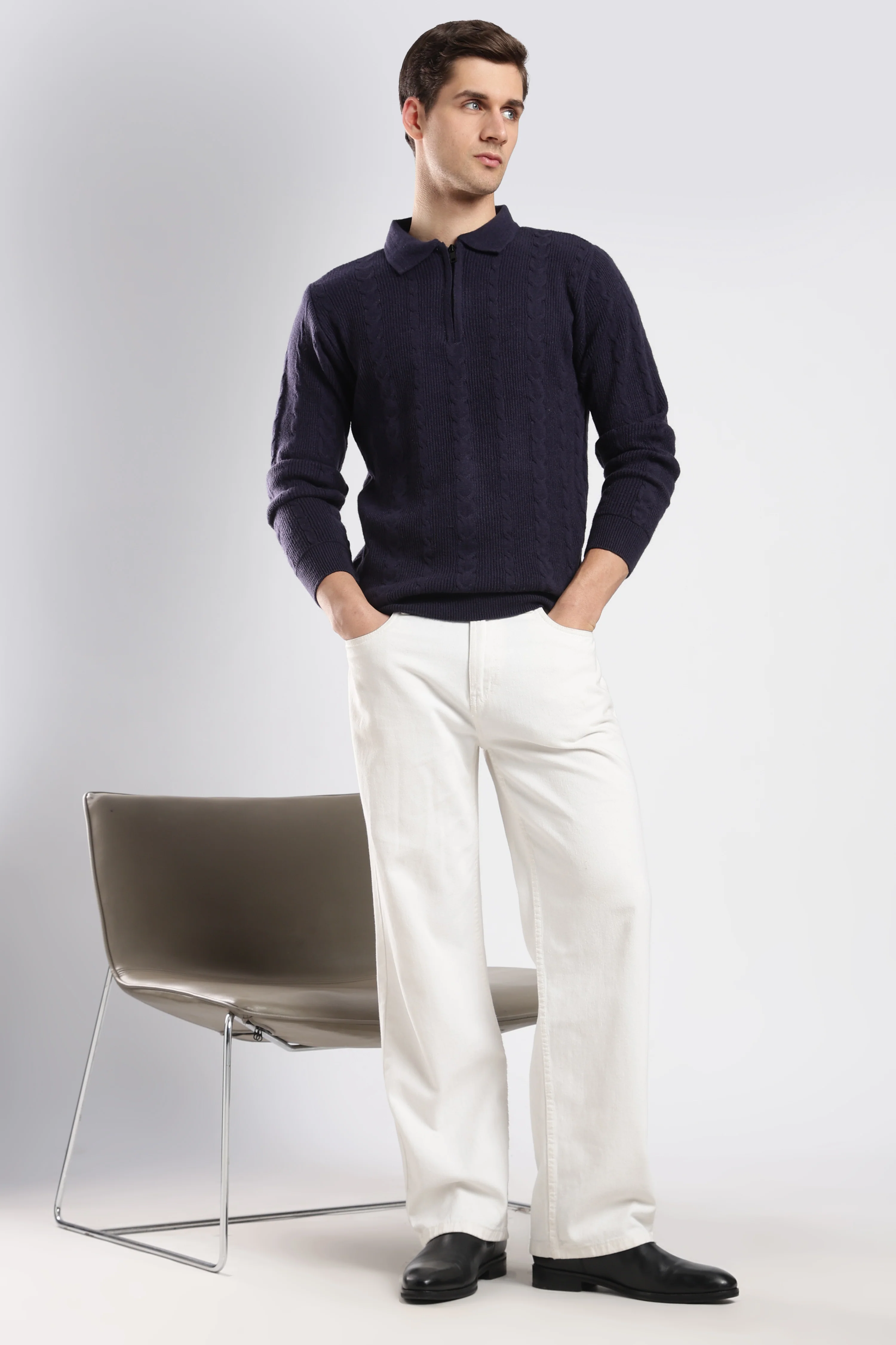 Navy Blue Textured Zip-Collar Sweater - Image 2
