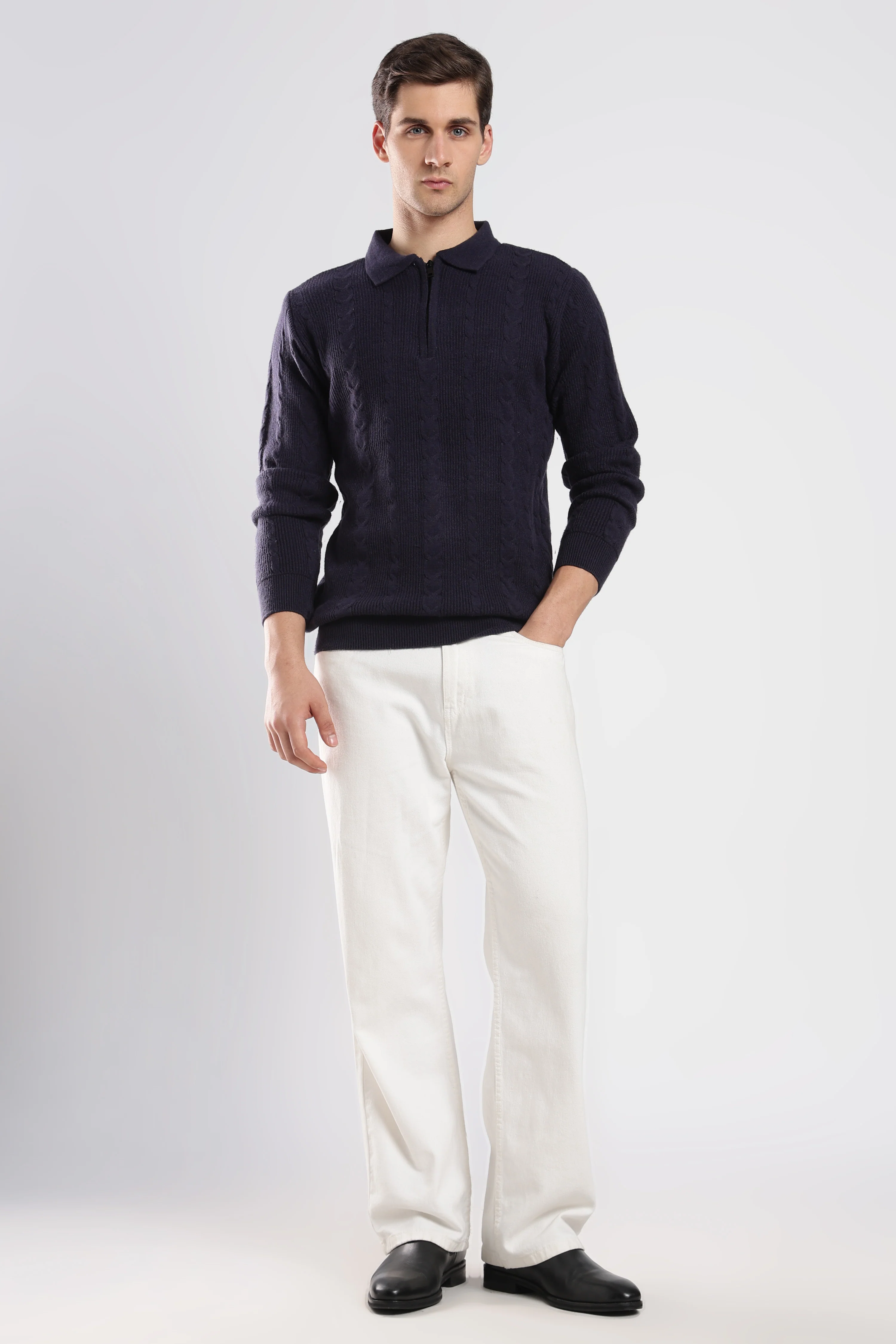 Navy Blue Textured Zip-Collar Sweater - Image 3