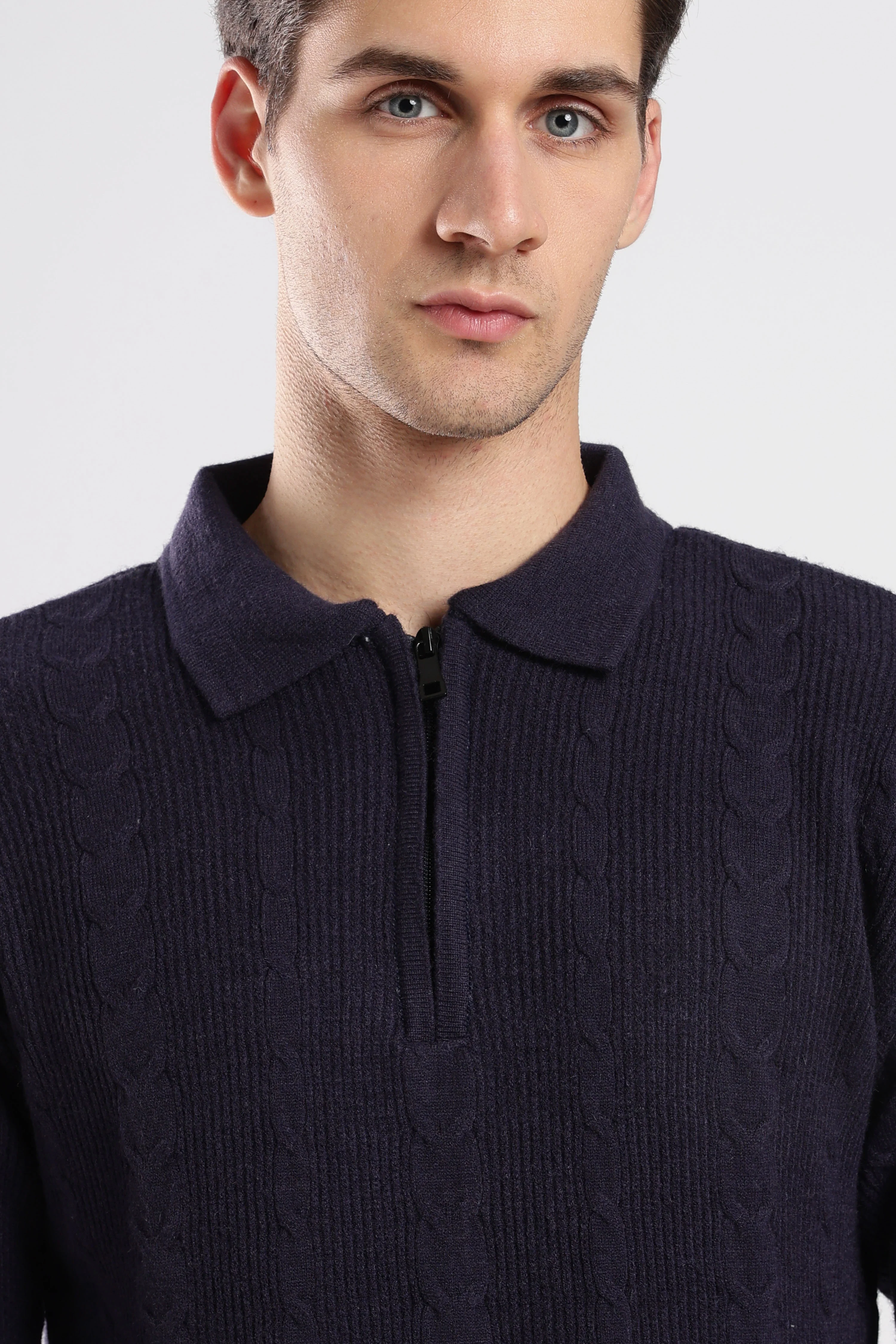 Navy Blue Textured Zip-Collar Sweater - Image 4
