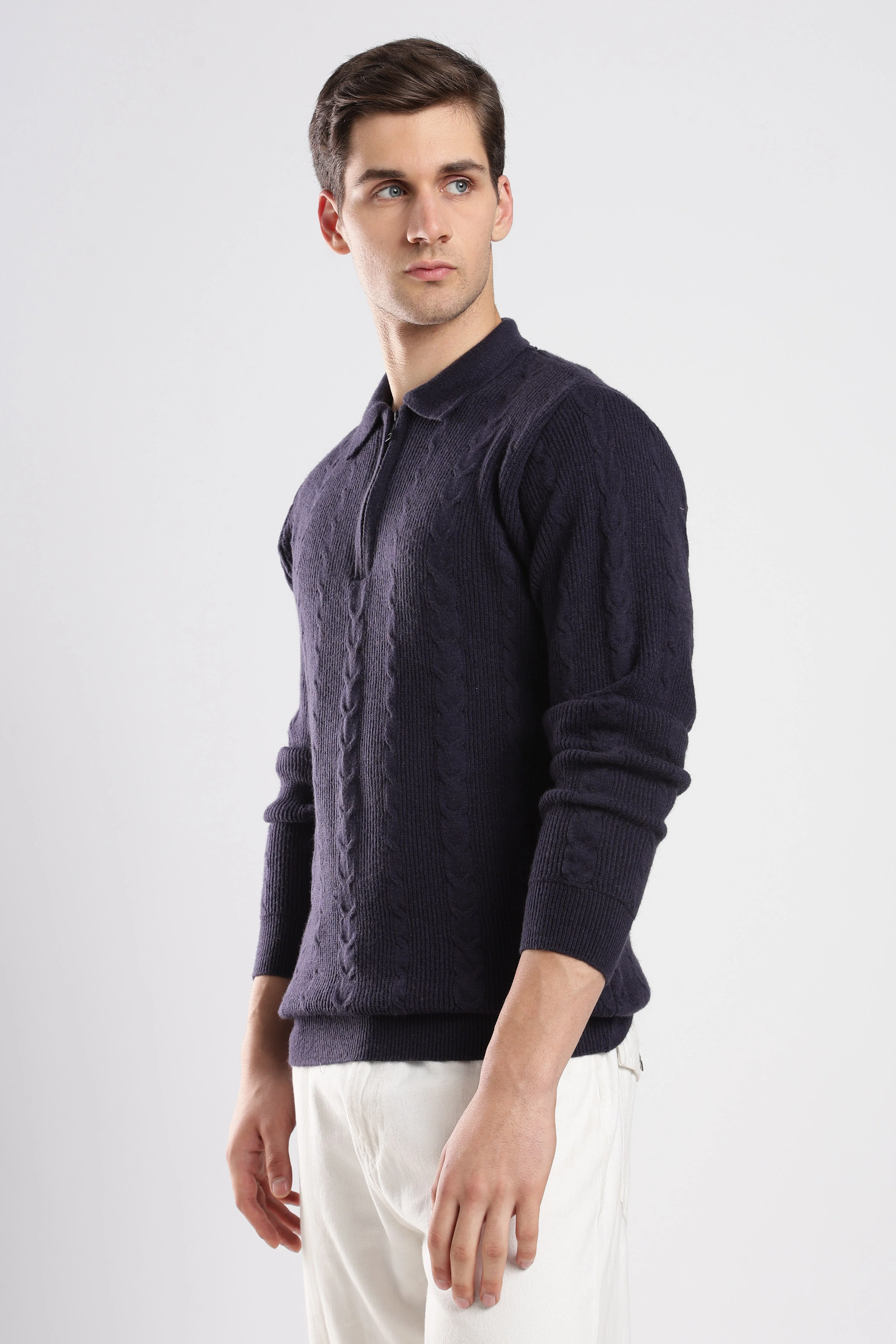 Navy Blue Textured Zip-Collar Sweater - Image 5