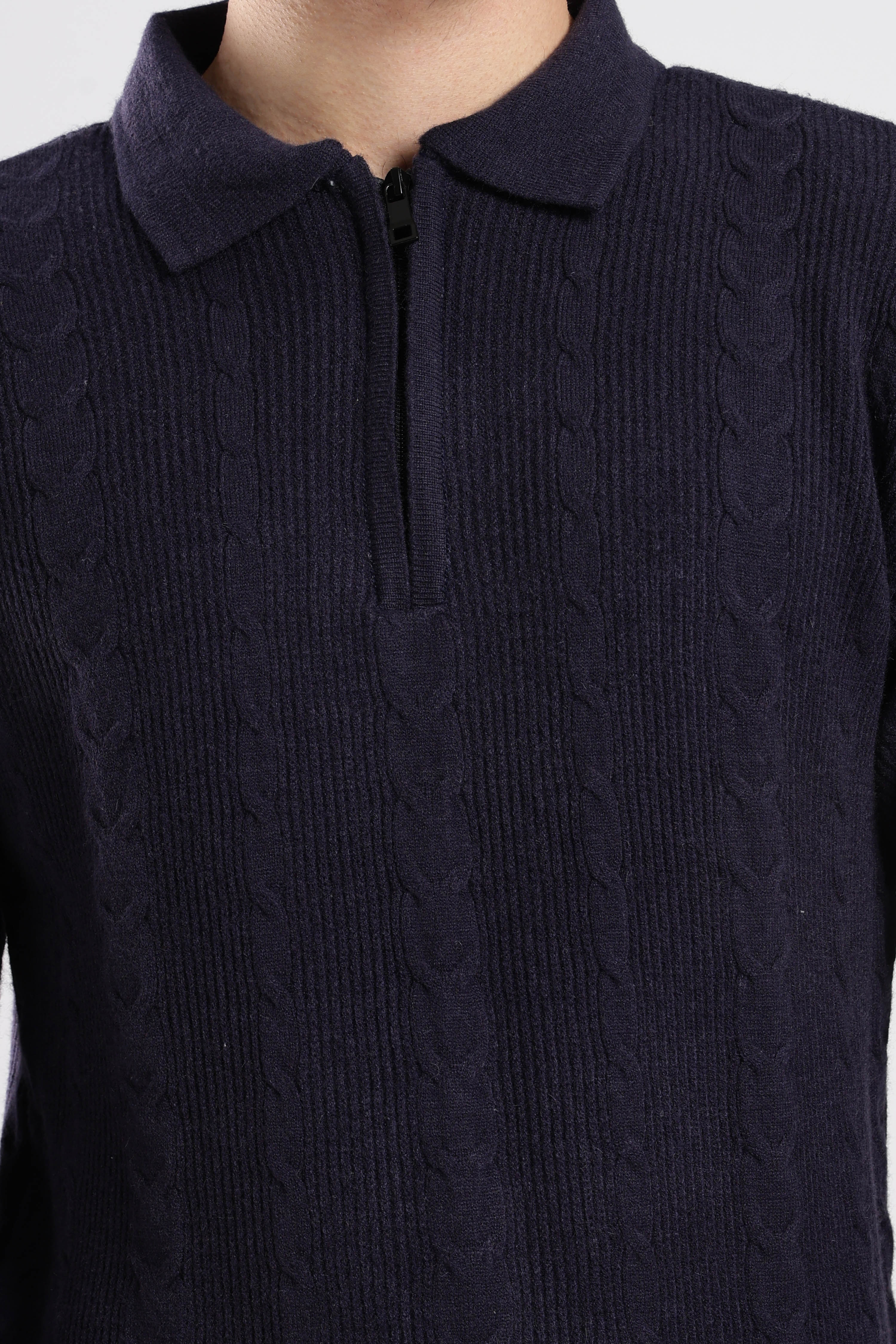 Navy Blue Textured Zip-Collar Sweater - Image 6