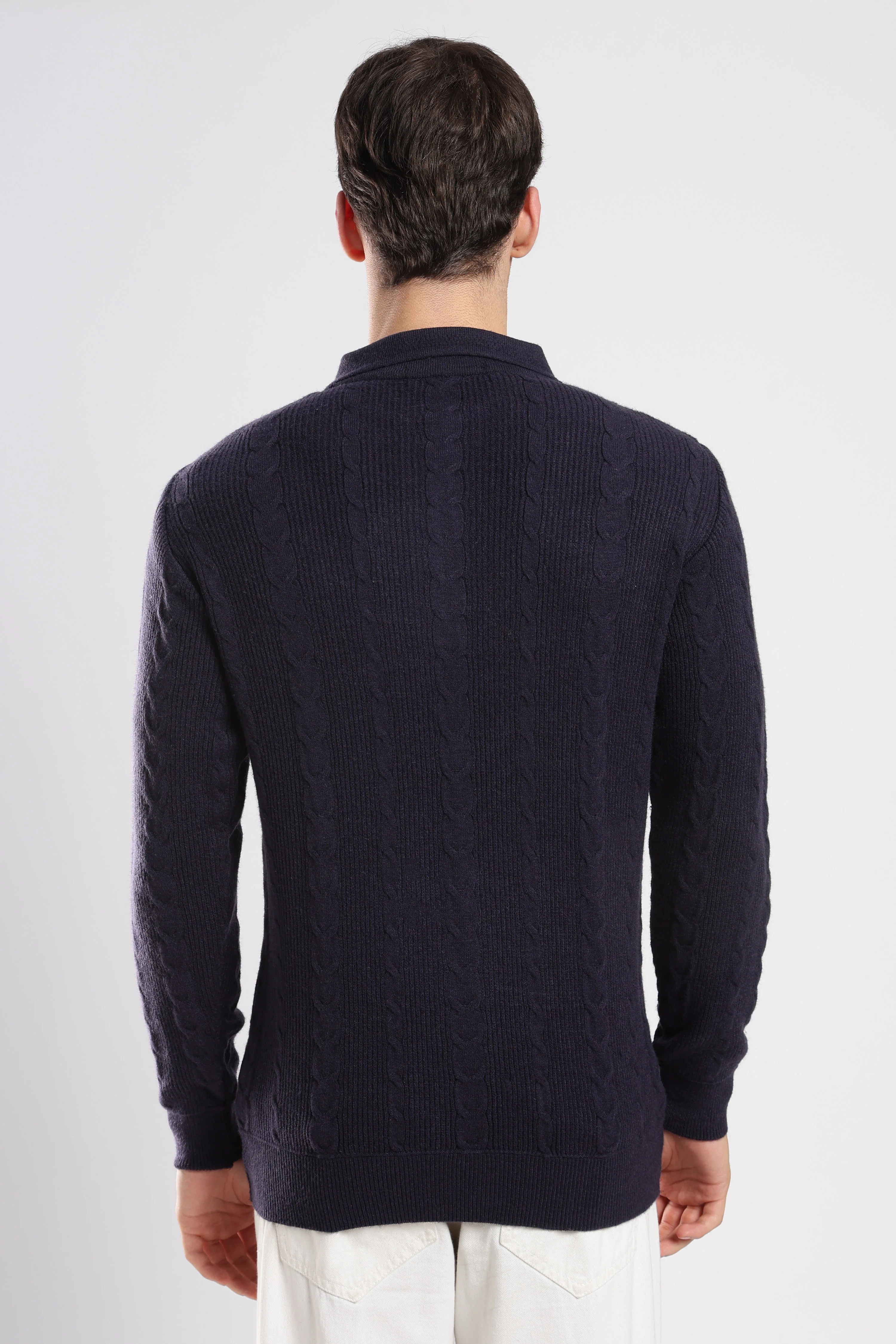 Navy Blue Textured Zip-Collar Sweater - Image 7