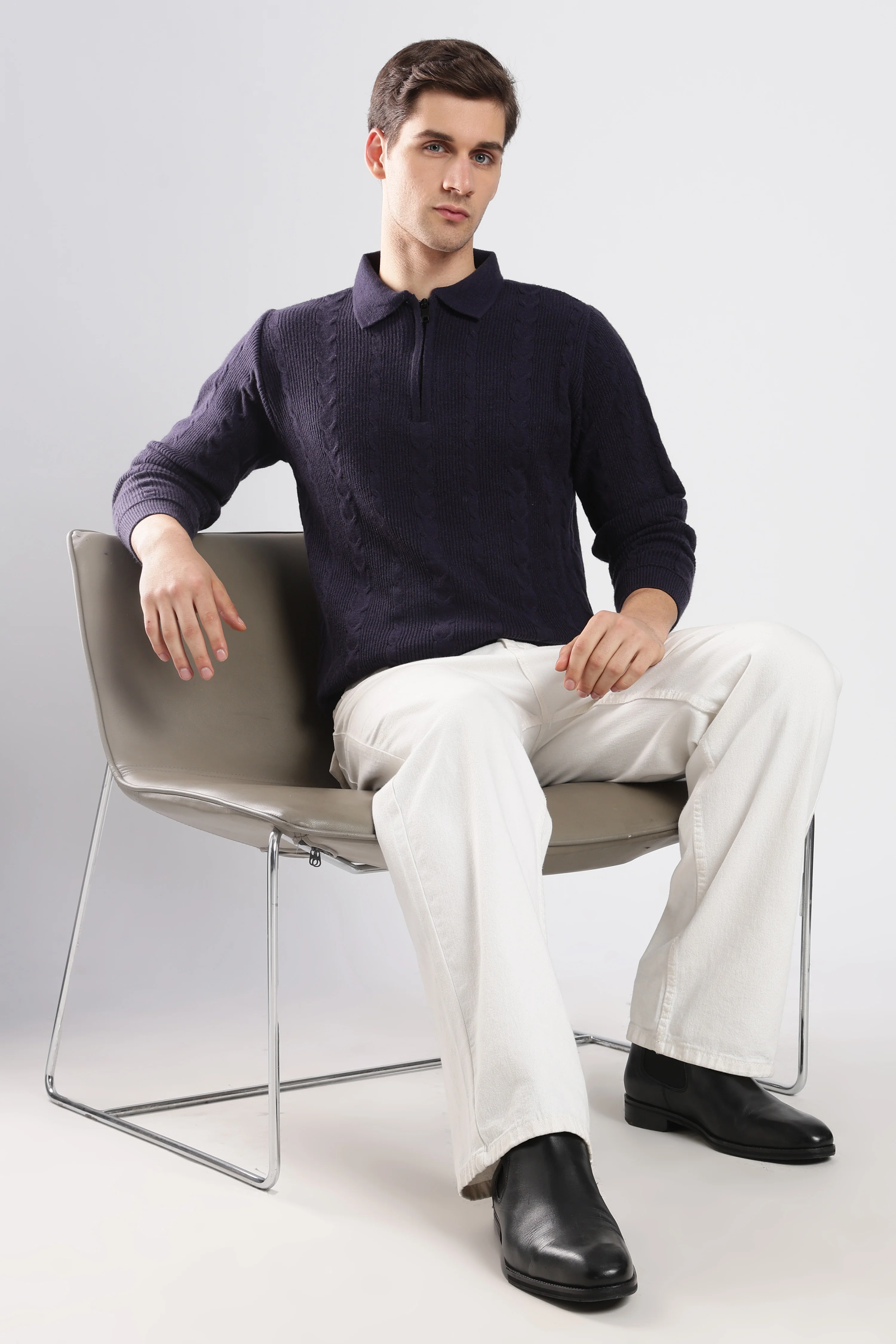 Navy Blue Textured Zip-Collar Sweater - Image 8