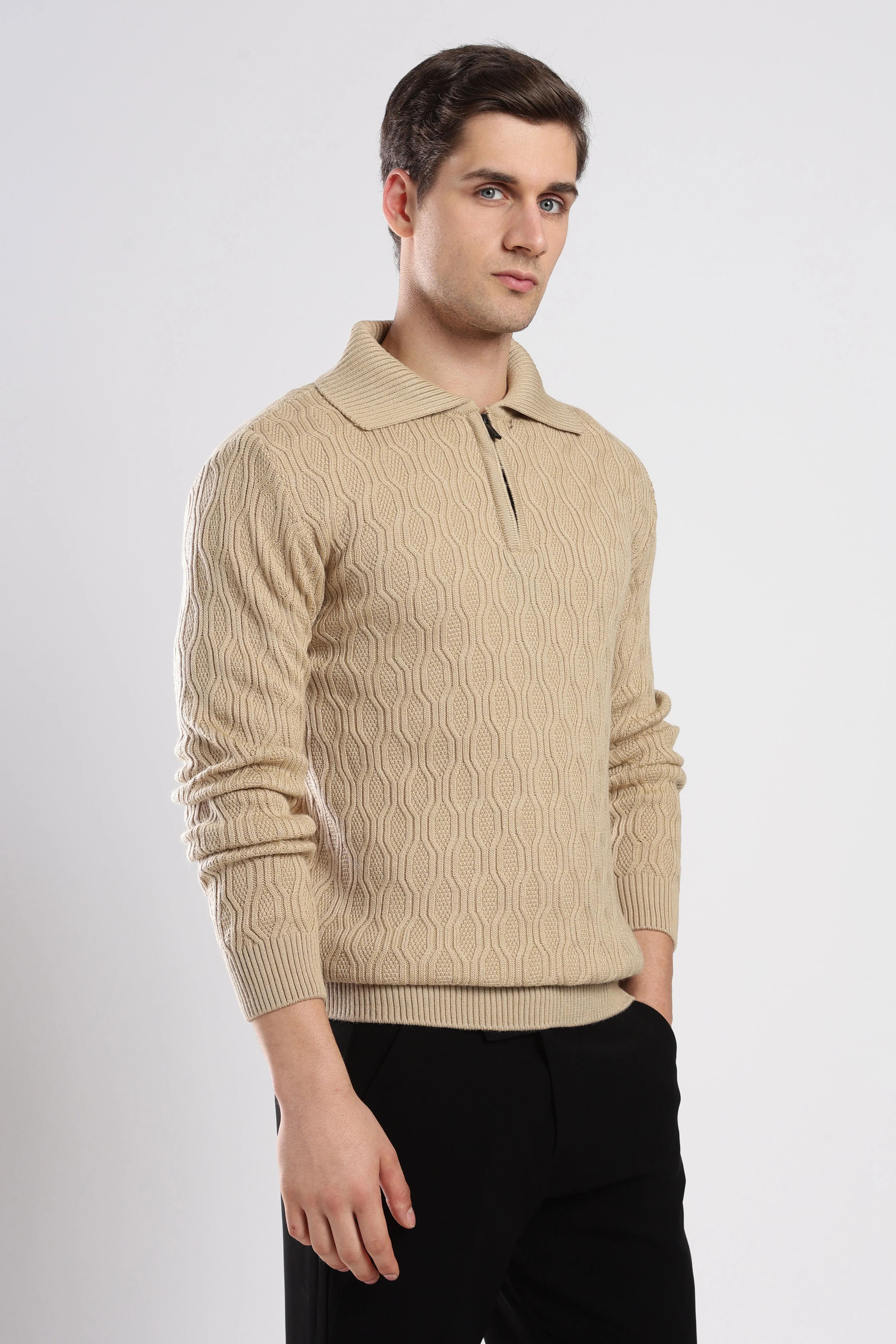 Beige Textured Zip-Collar Sweater - Image 2