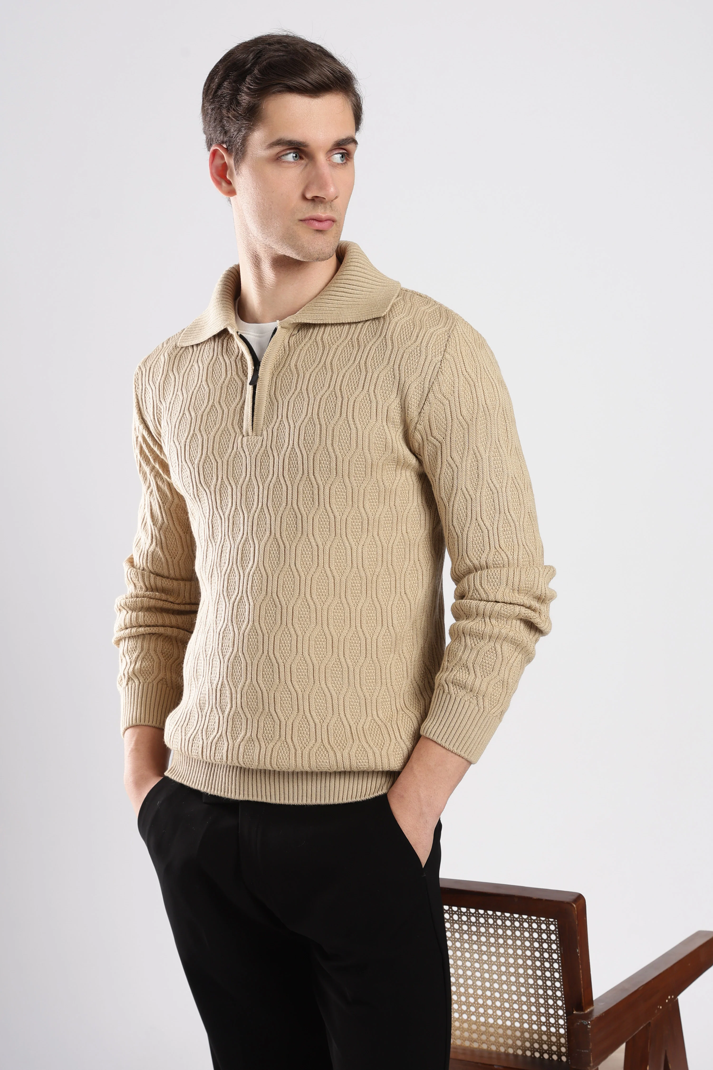 Beige Textured Zip-Collar Sweater - Image 3