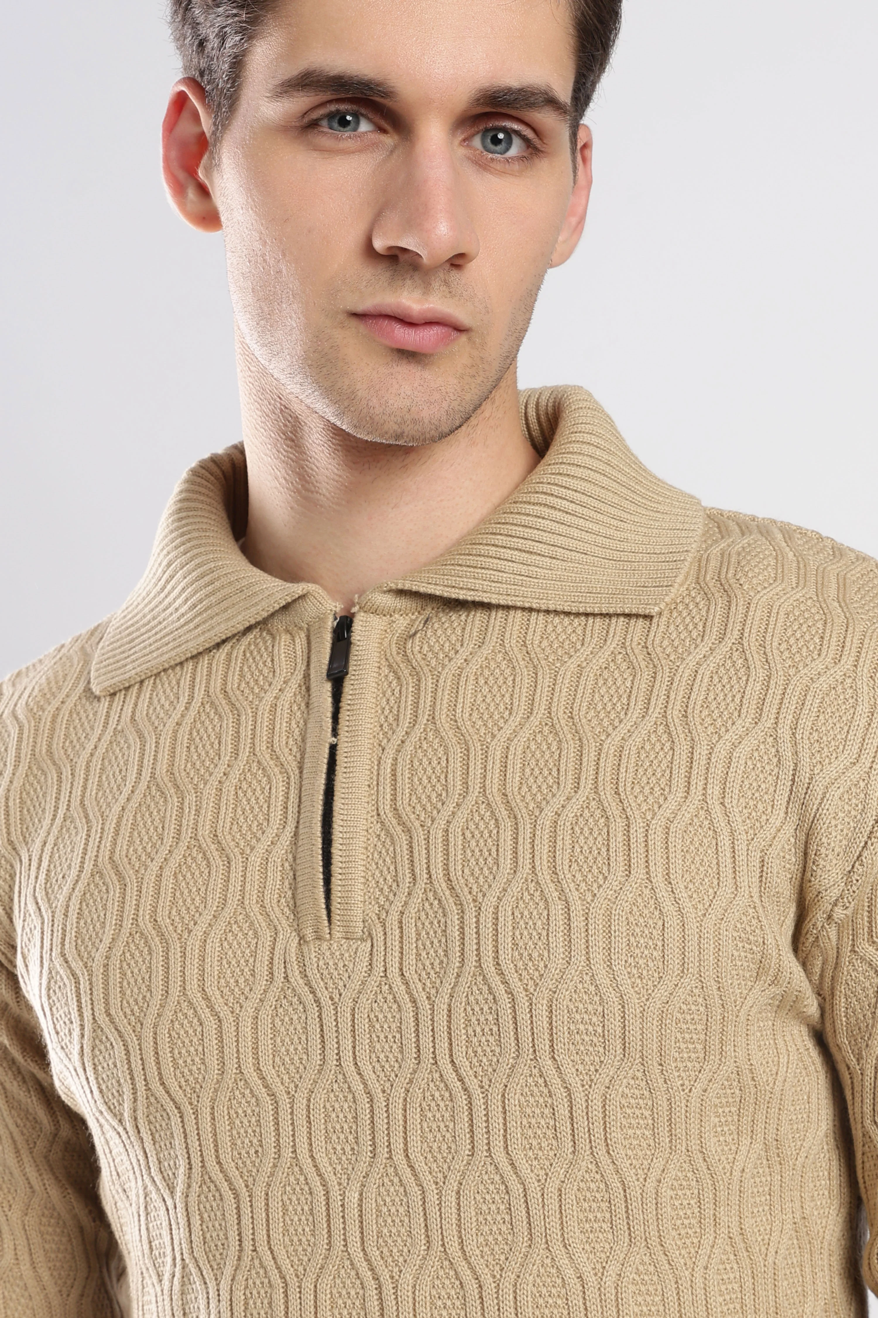 Beige Textured Zip-Collar Sweater - Image 4