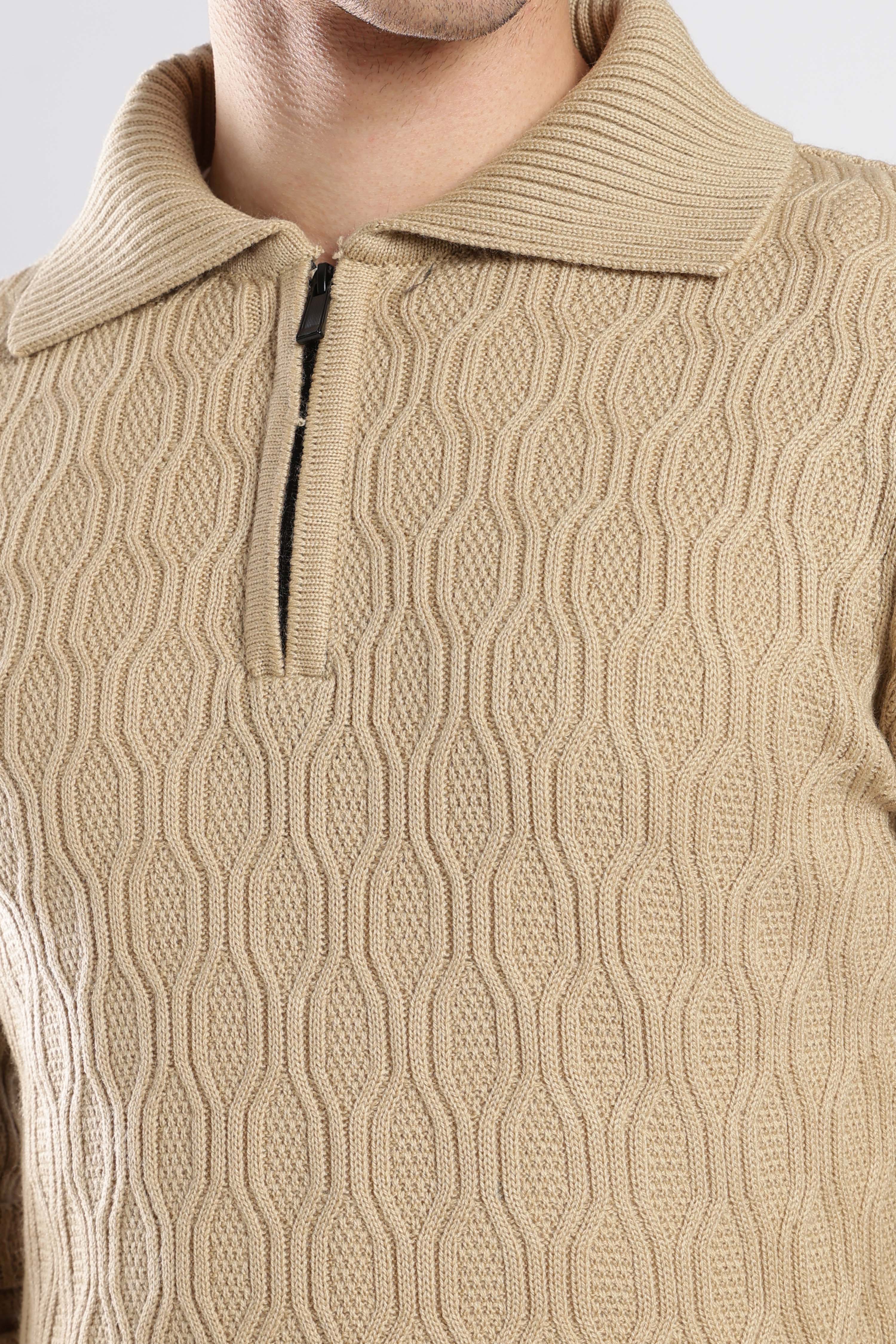 Beige Textured Zip-Collar Sweater - Image 5