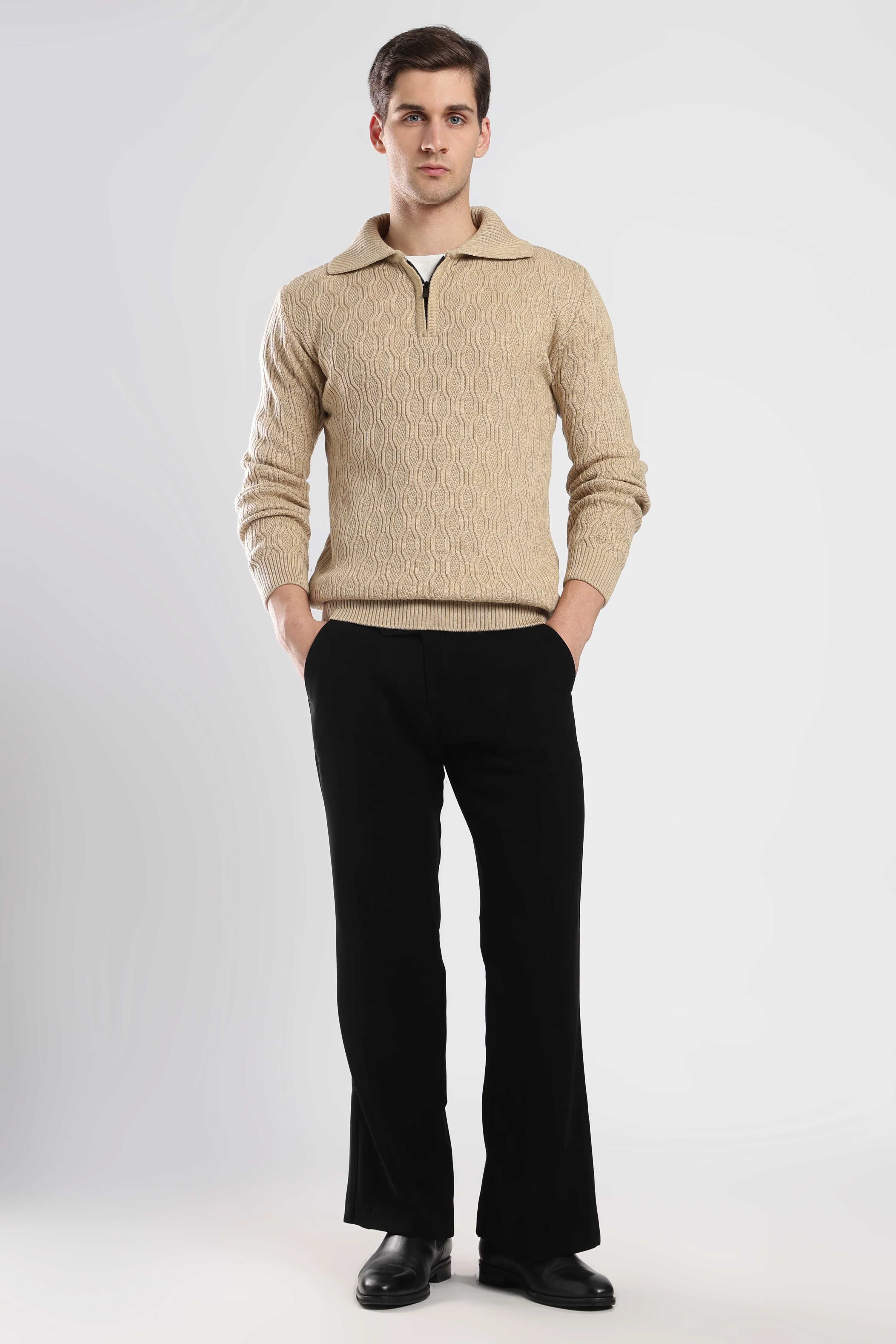 Beige Textured Zip-Collar Sweater - Image 6