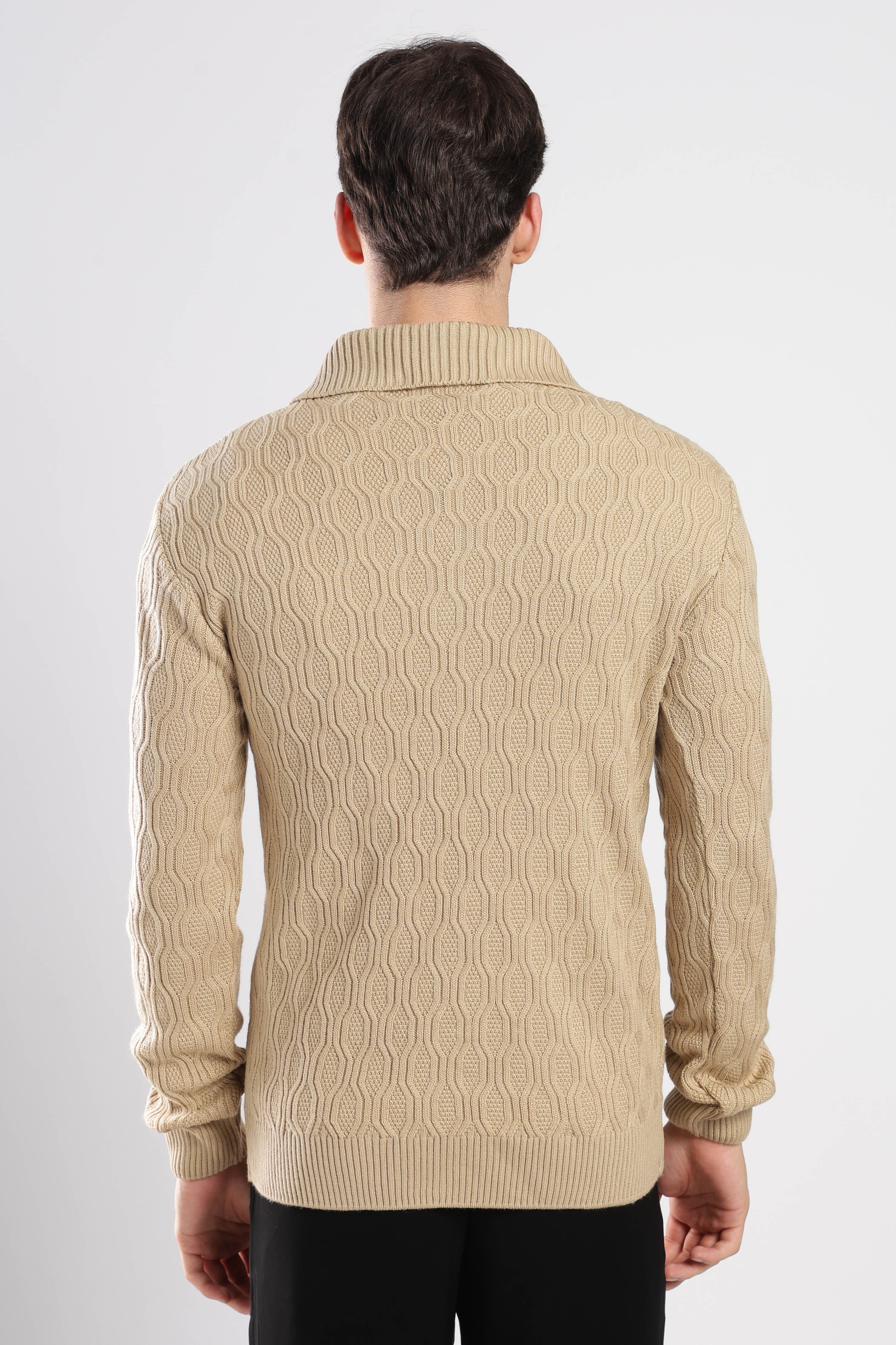 Beige Textured Zip-Collar Sweater - Image 7