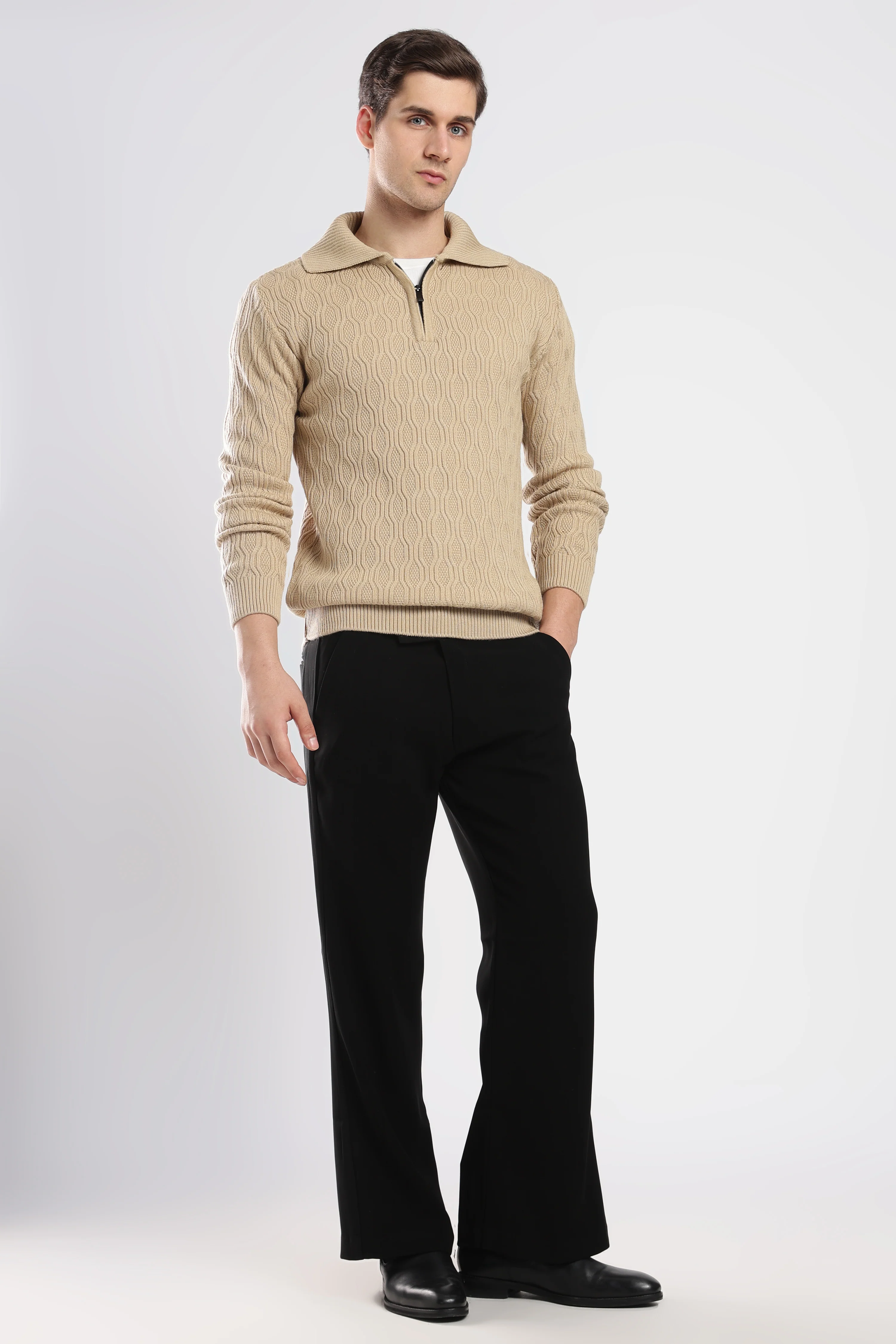 Beige Textured Zip-Collar Sweater - Image 8