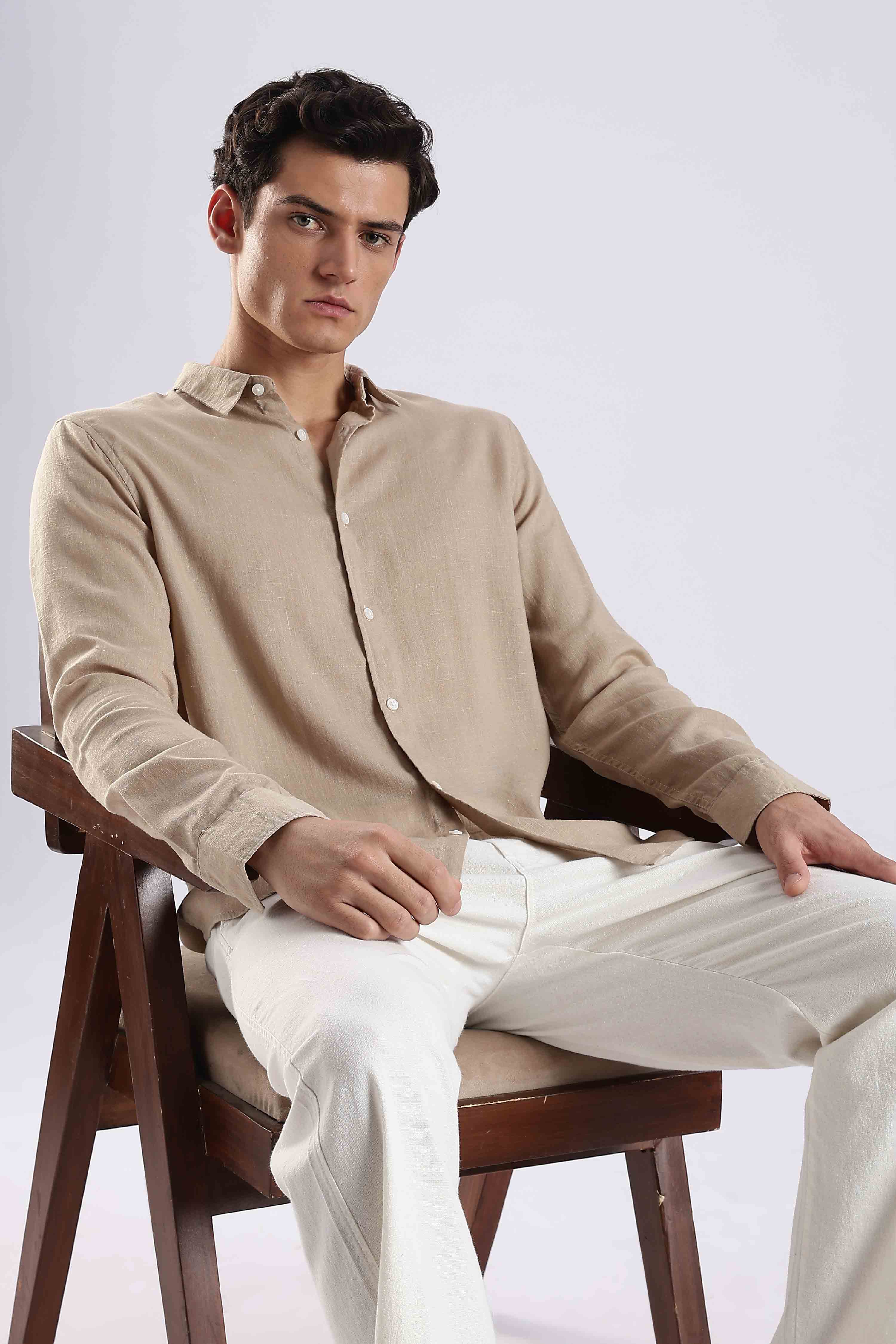 Regular fit Cream Linen Blend Shirt - Image 6