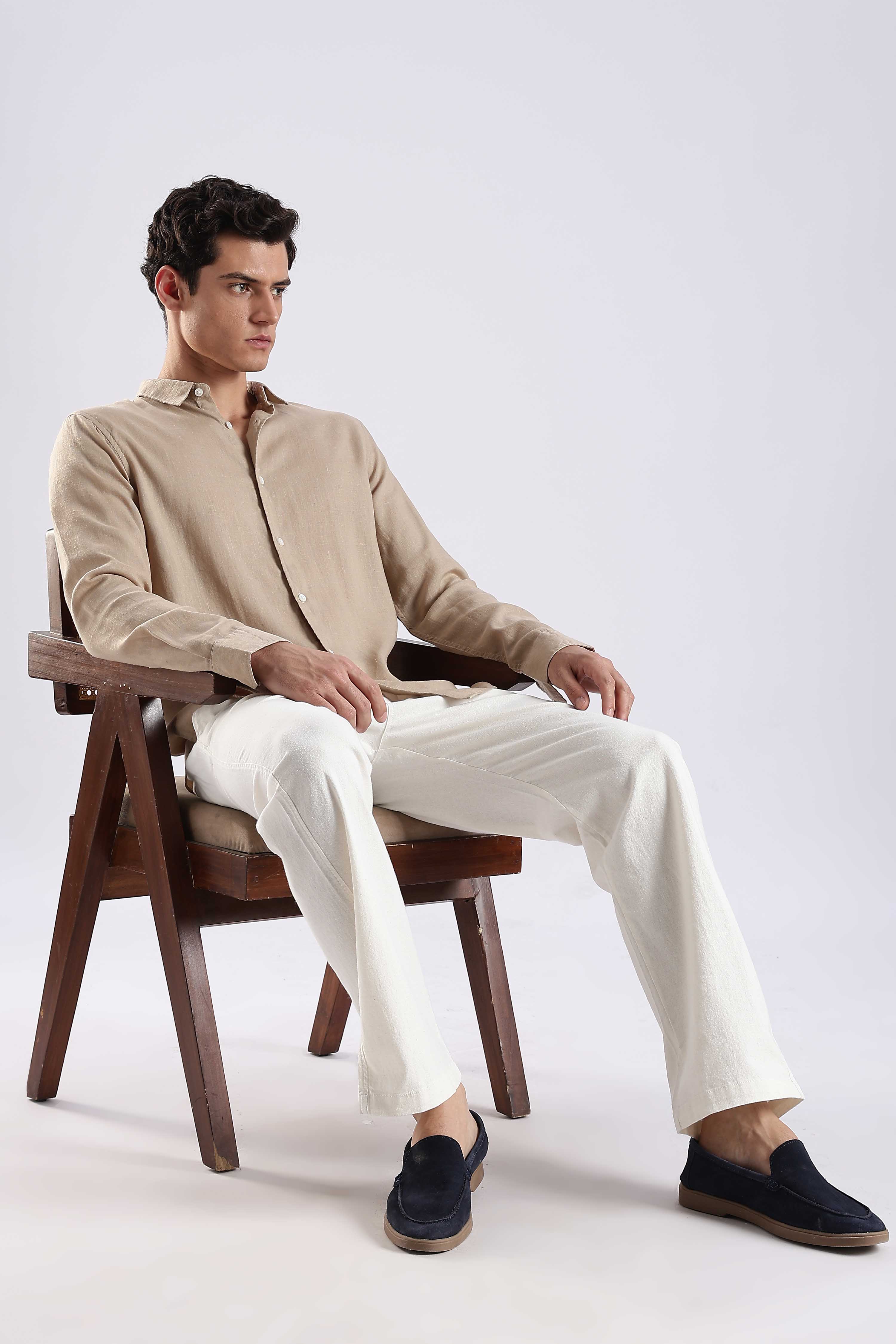 Regular fit Cream Linen Blend Shirt - Image 7