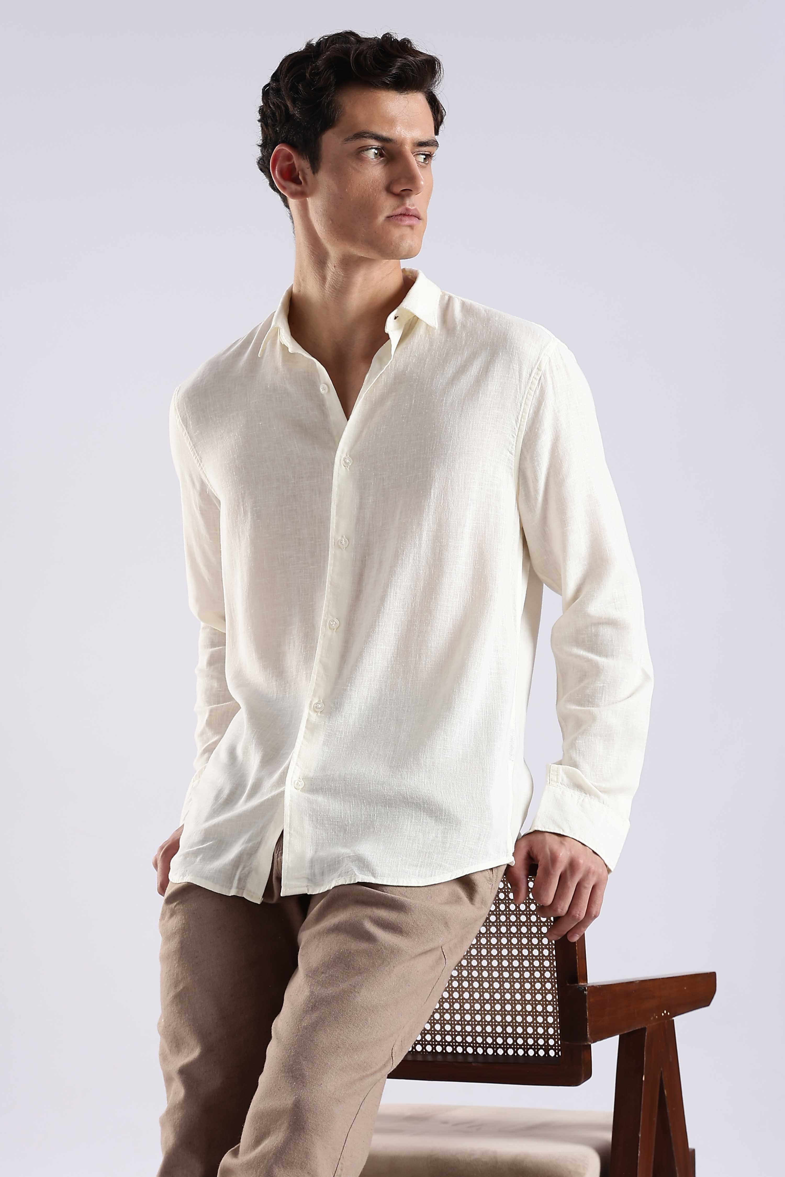 Regular fit Off-White Linen Blend Shirt - Image 6