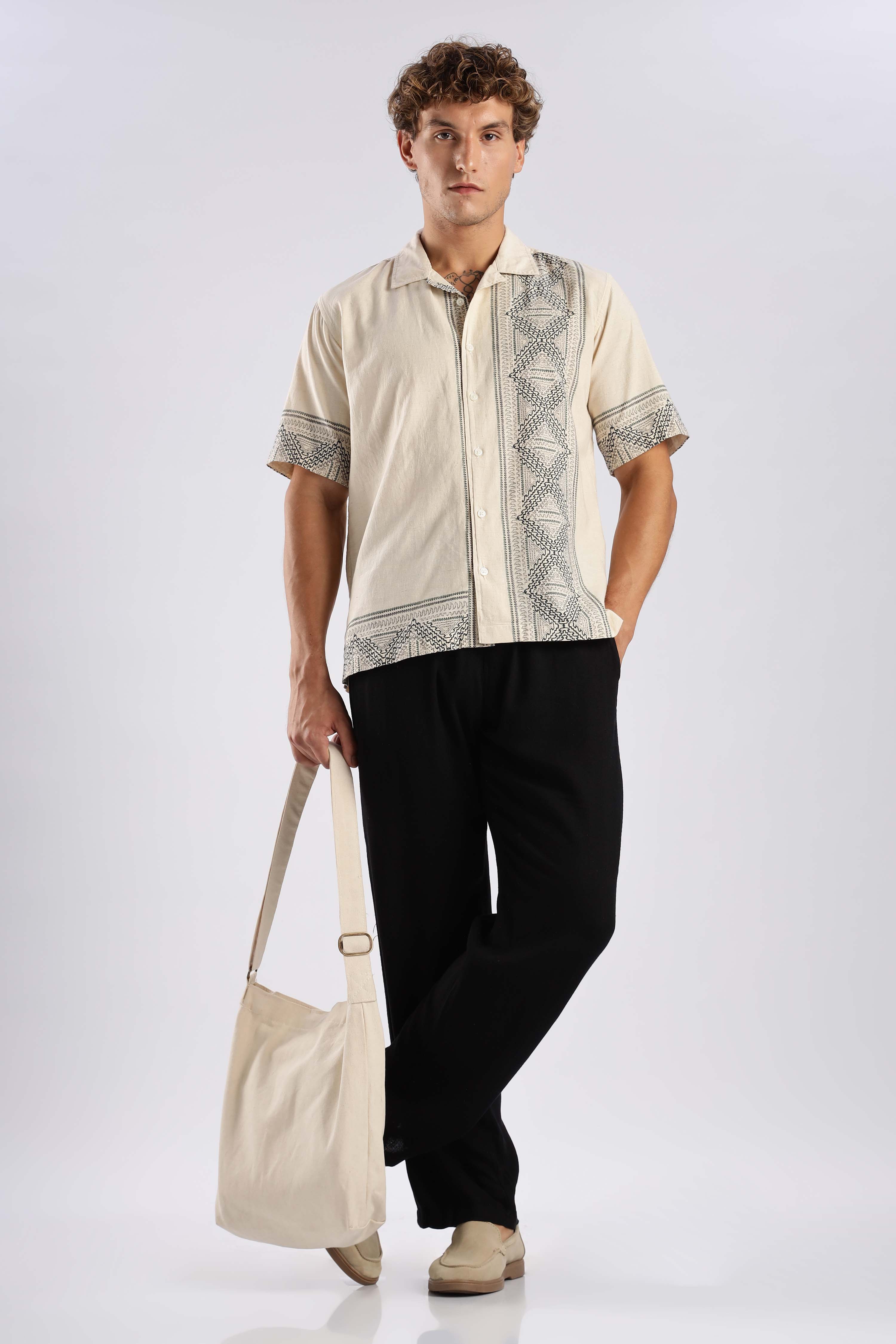 Warm Beige Ethnic Linen Shirt - Image 3
