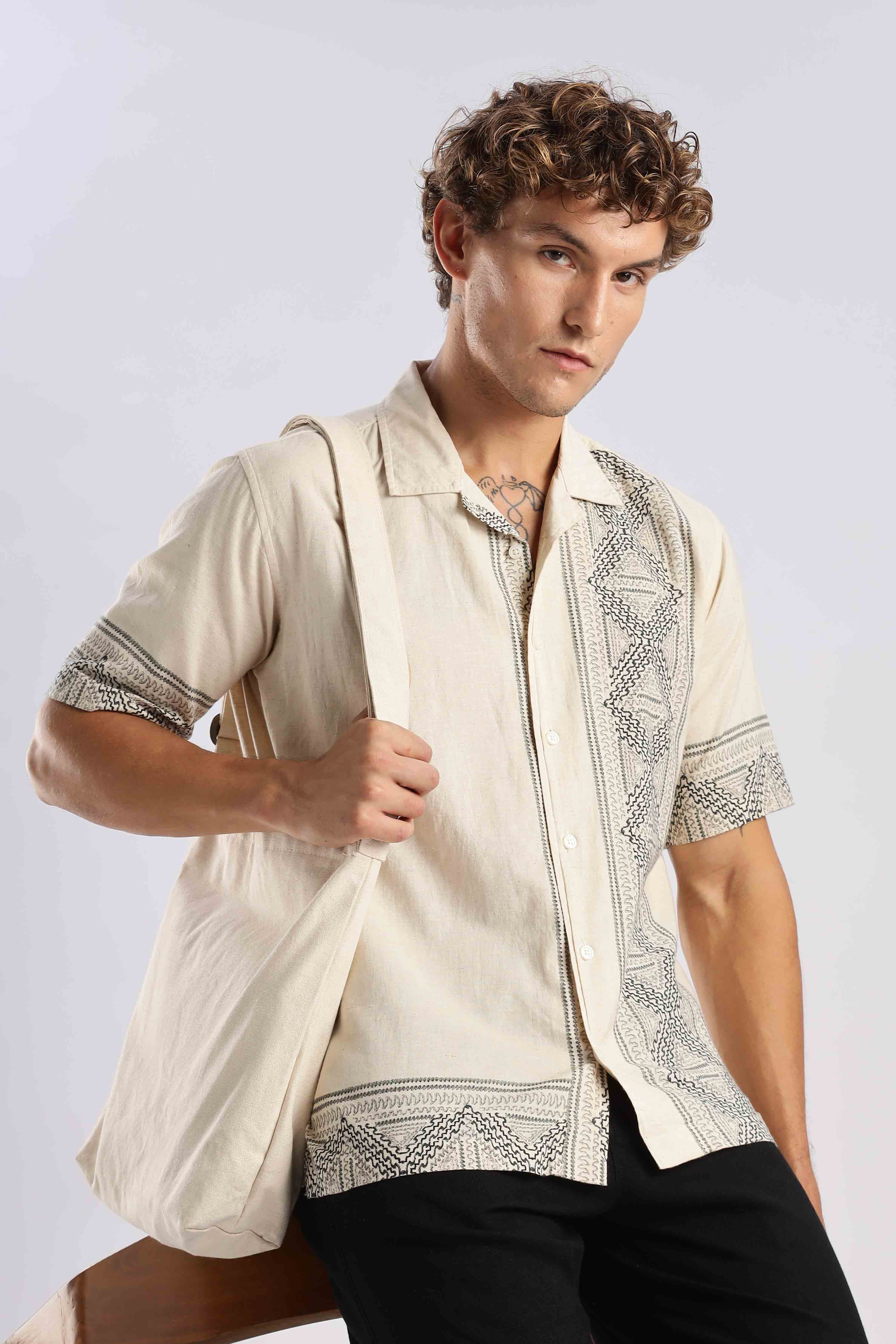 Warm Beige Ethnic Linen Shirt - Image 5